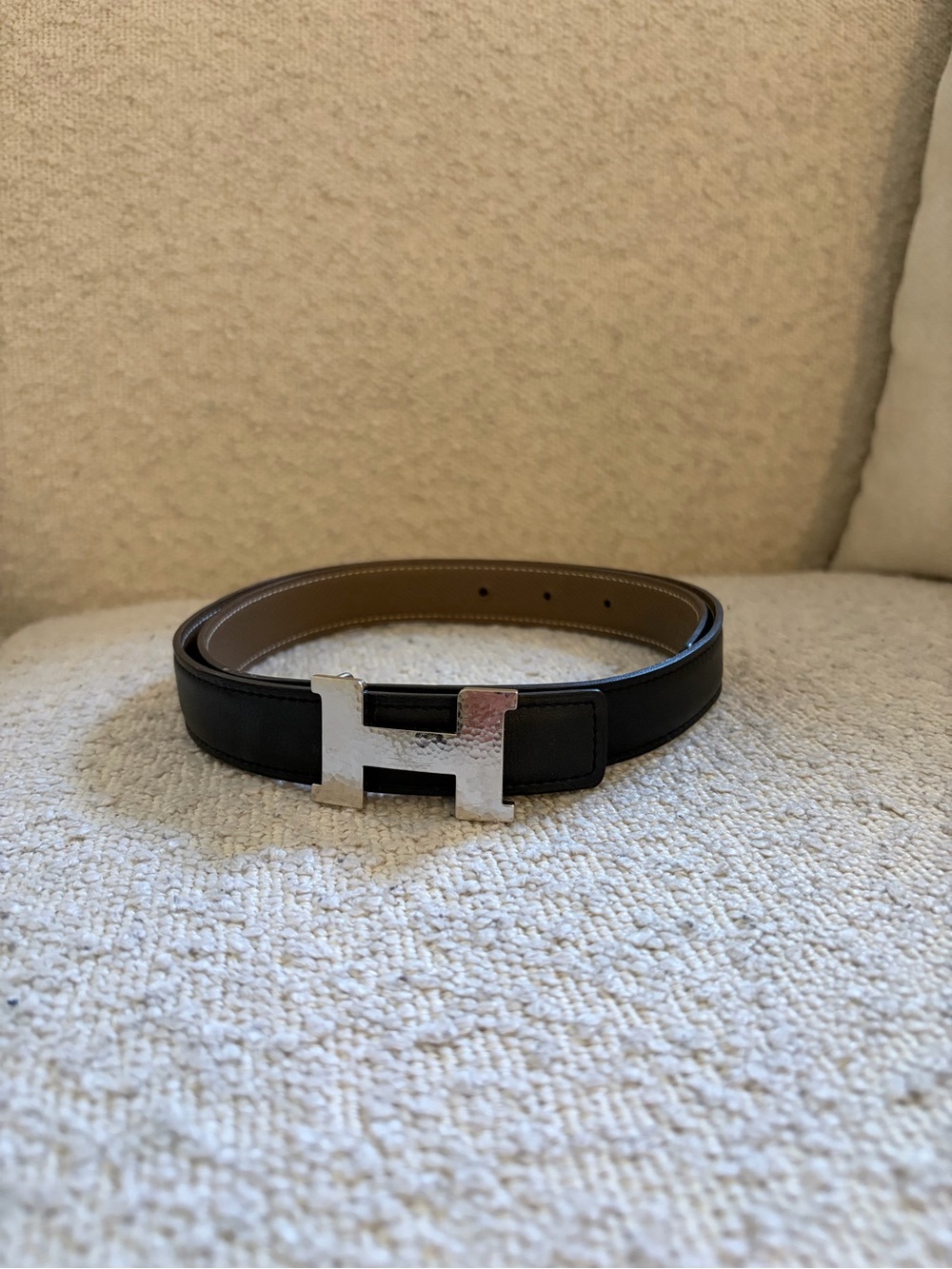 Hermes Black Reversible Leather Belt with Silver H Buckle